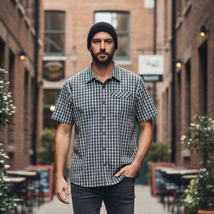 PRANA Brown/Blue Check Plaid Short Sleeve Shirt Size L